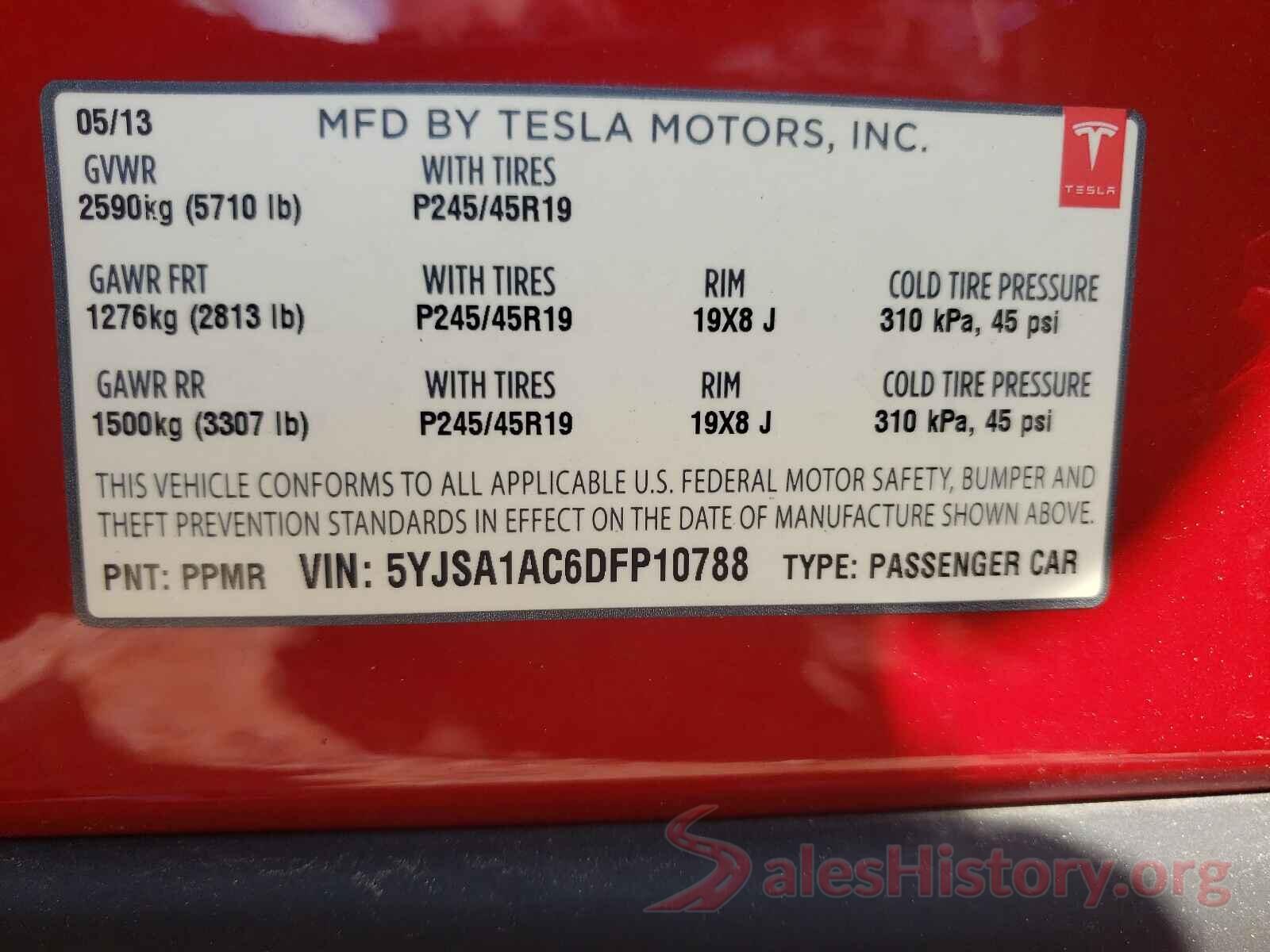 5YJSA1AC6DFP10788 2013 TESLA MODEL S