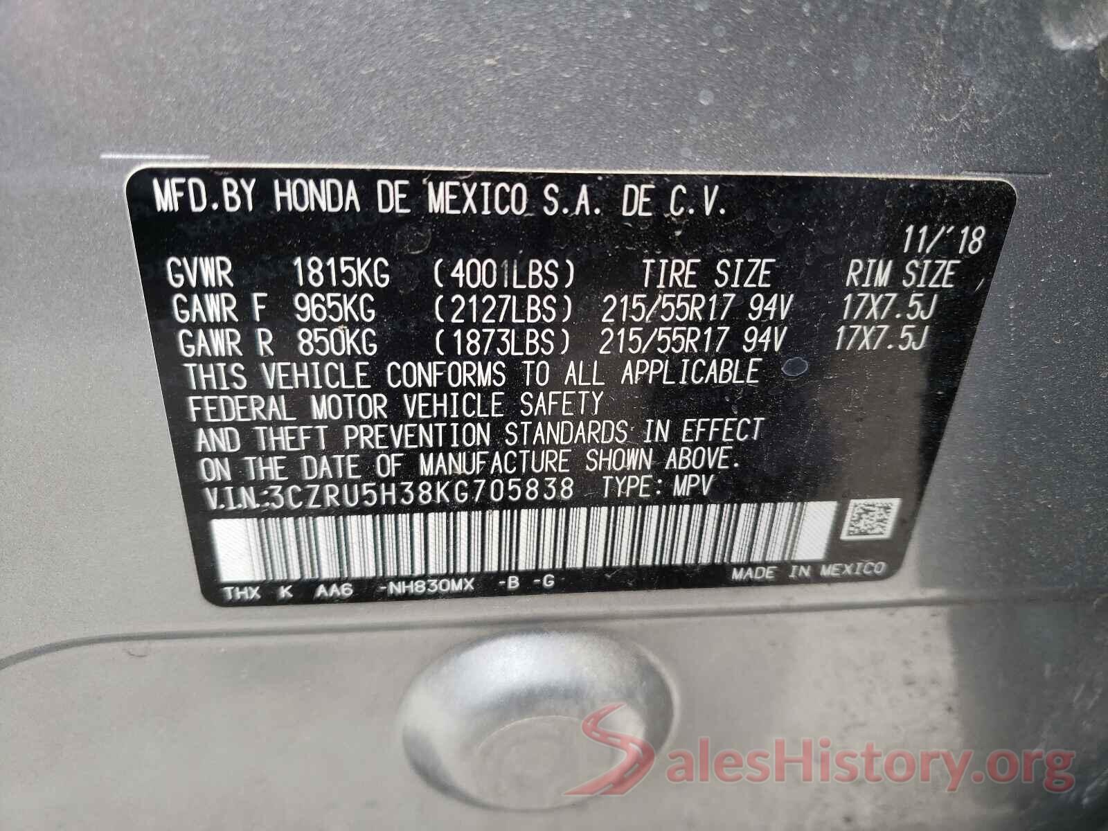 3CZRU5H38KG705838 2019 HONDA HR-V