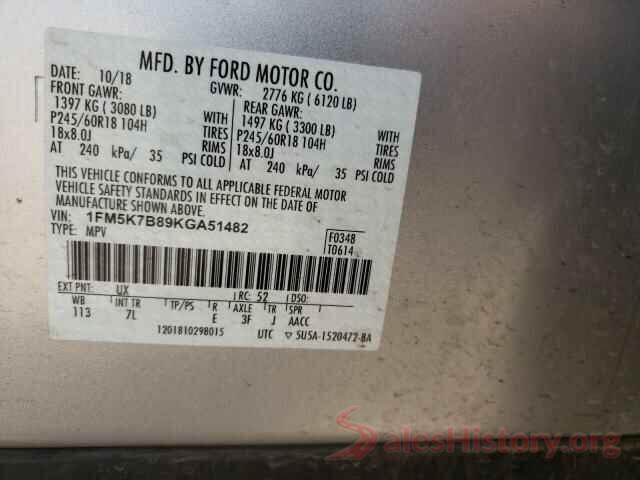 1FM5K7B89KGA51482 2019 FORD EXPLORER