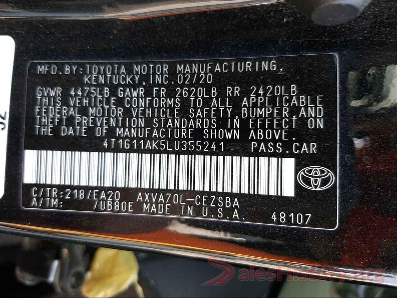 4T1G11AK5LU355241 2020 TOYOTA CAMRY