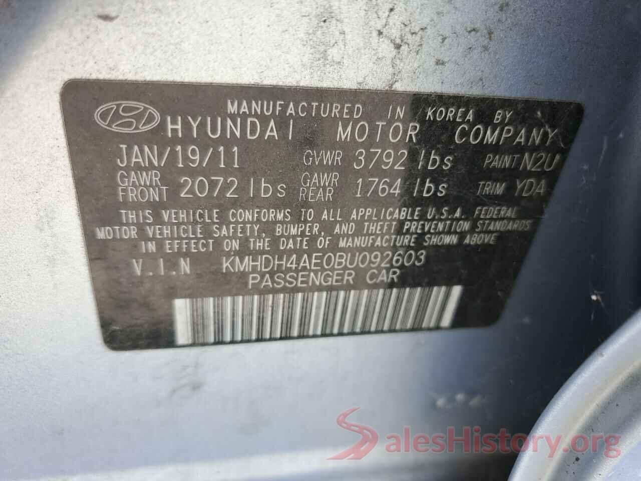 KMHDH4AE0BU092603 2011 HYUNDAI ELANTRA