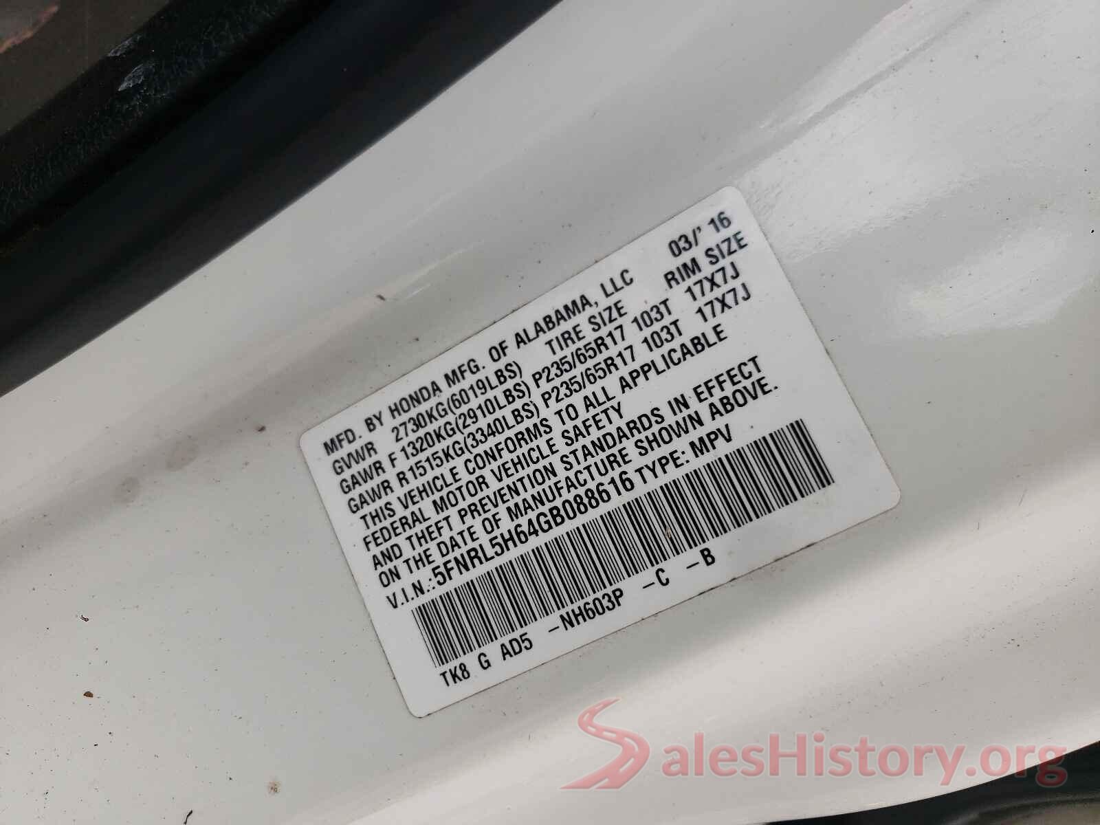 5FNRL5H64GB088616 2016 HONDA ODYSSEY