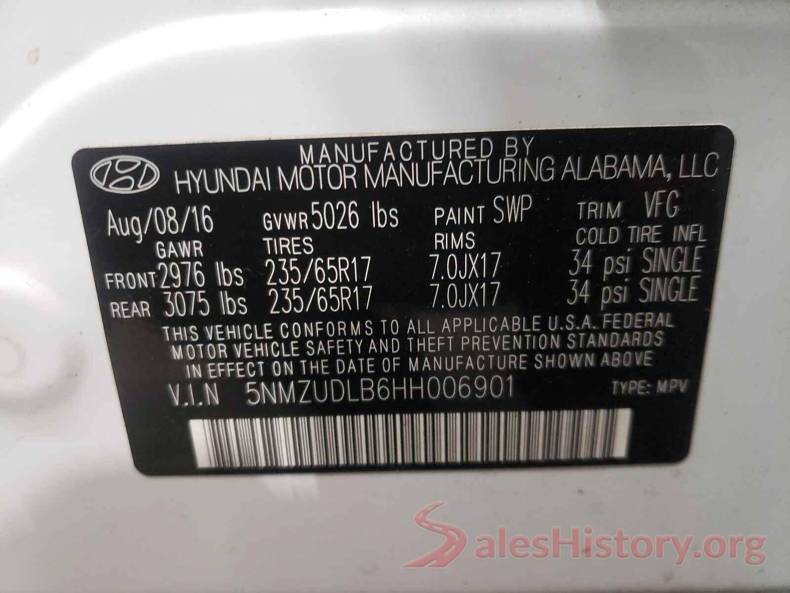 5NMZUDLB6HH006901 2017 HYUNDAI SANTA FE