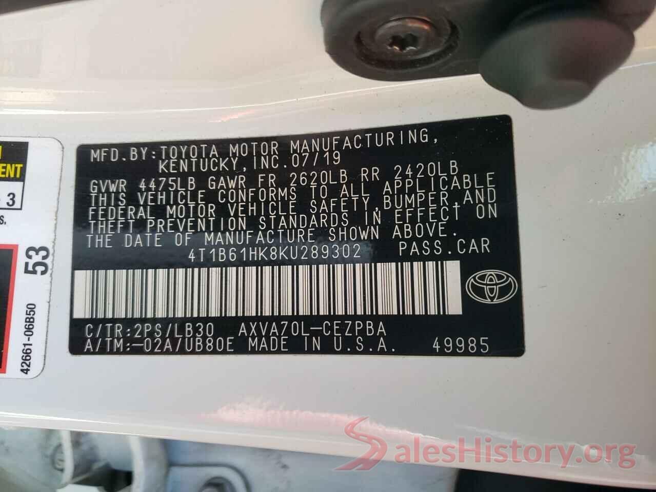 4T1B61HK8KU289302 2019 TOYOTA CAMRY