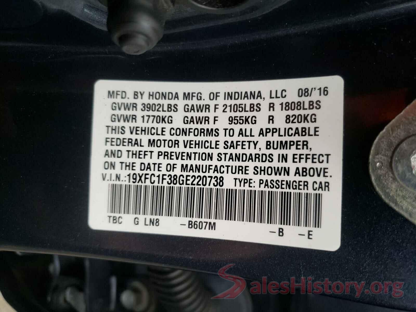 19XFC1F38GE220738 2016 HONDA CIVIC