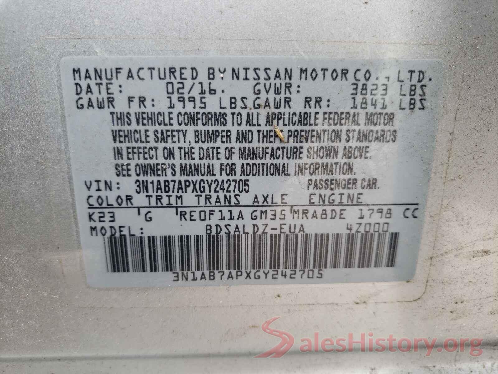 3N1AB7APXGY242705 2016 NISSAN SENTRA