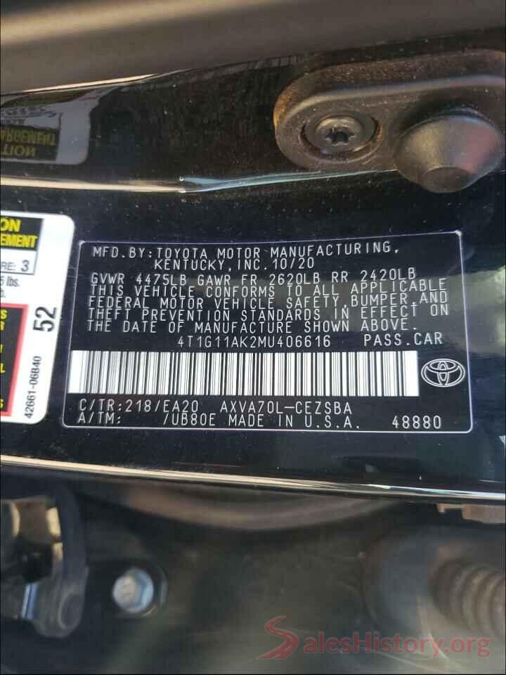 4T1G11AK2MU406616 2021 TOYOTA CAMRY