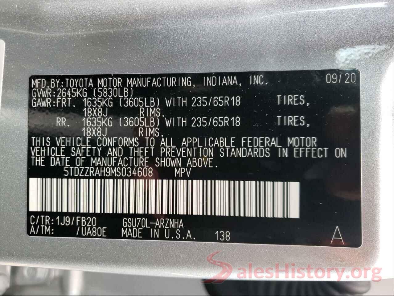 5TDZZRAH9MS034608 2021 TOYOTA HIGHLANDER