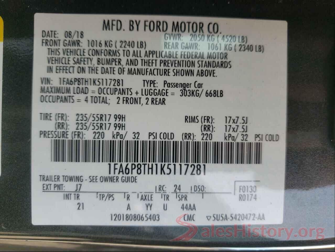 1FA6P8TH1K5117281 2019 FORD MUSTANG