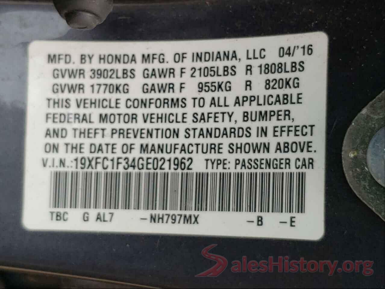 19XFC1F34GE021962 2016 HONDA CIVIC