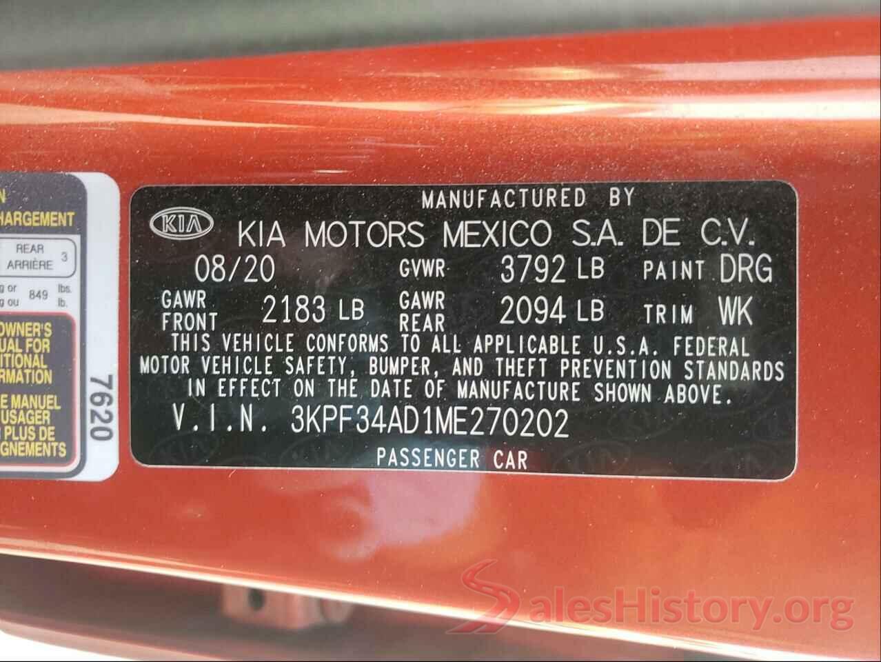 3KPF34AD1ME270202 2021 KIA FORTE