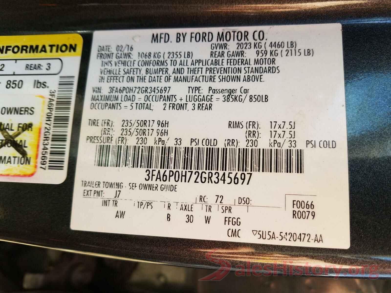 3FA6P0H72GR345697 2016 FORD FUSION