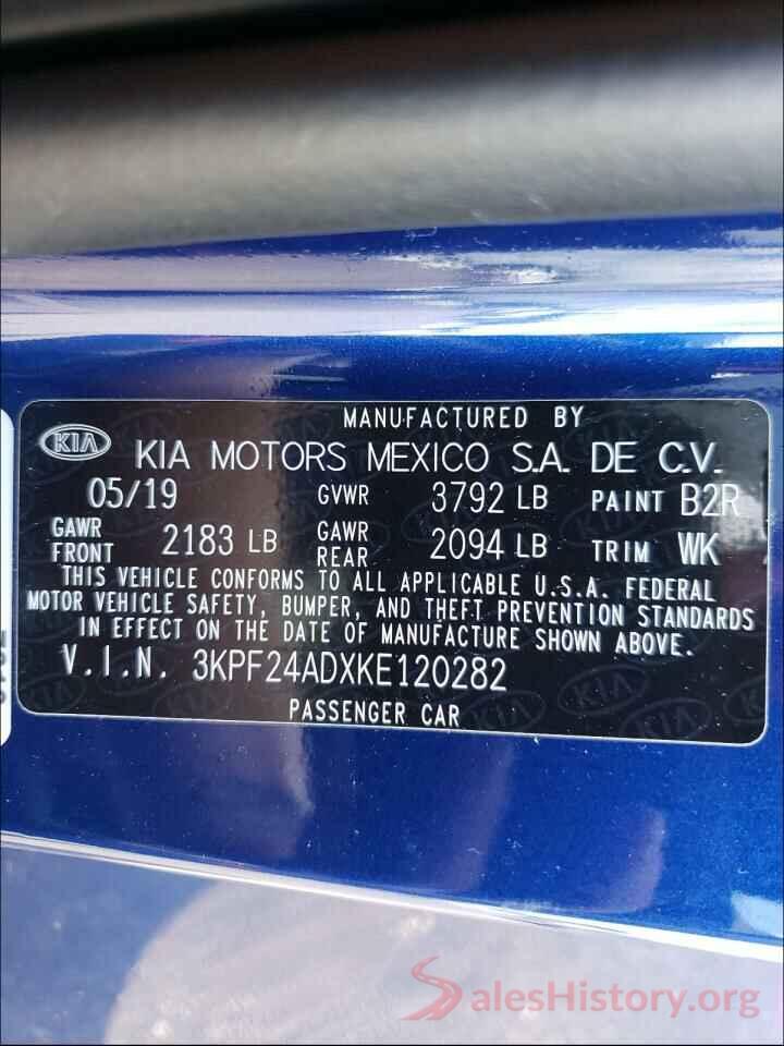 3KPF24ADXKE120282 2019 KIA FORTE