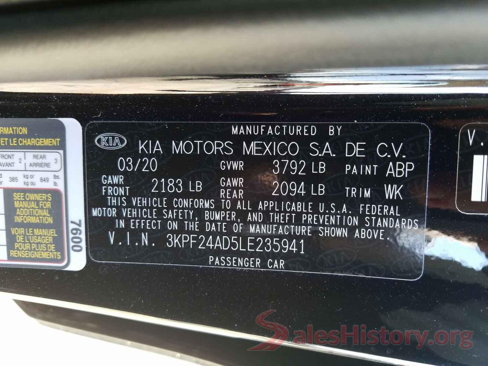 3KPF24AD5LE235941 2020 KIA FORTE