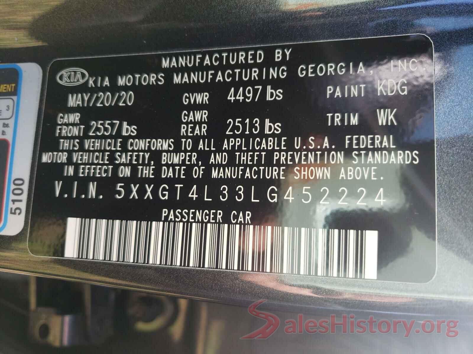 5XXGT4L33LG452224 2020 KIA OPTIMA