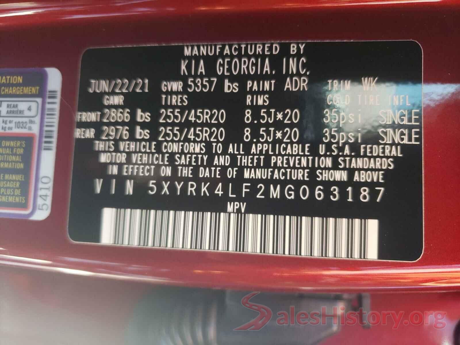 5XYRK4LF2MG063187 2021 KIA SORENTO