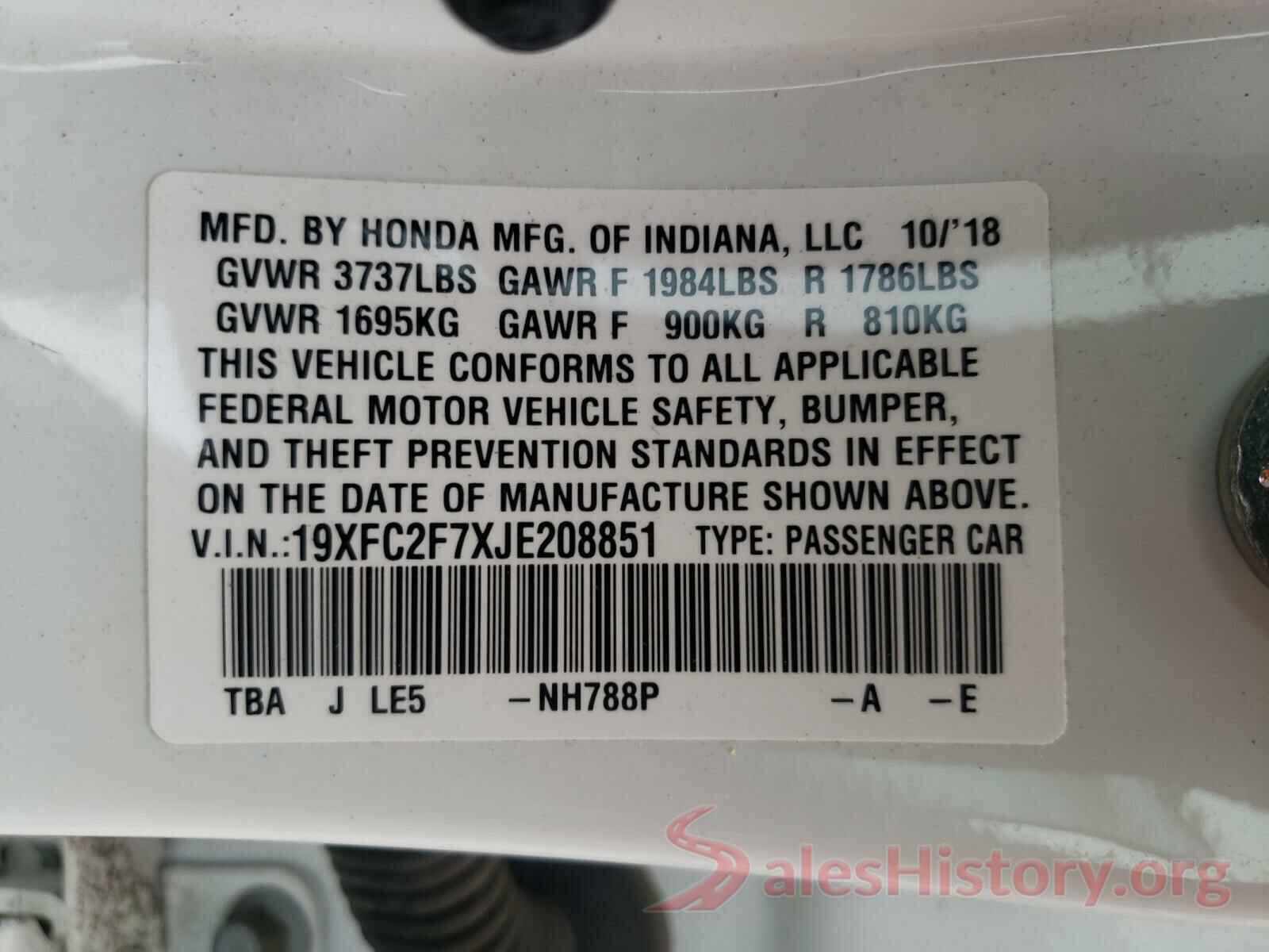 19XFC2F7XJE208851 2018 HONDA CIVIC