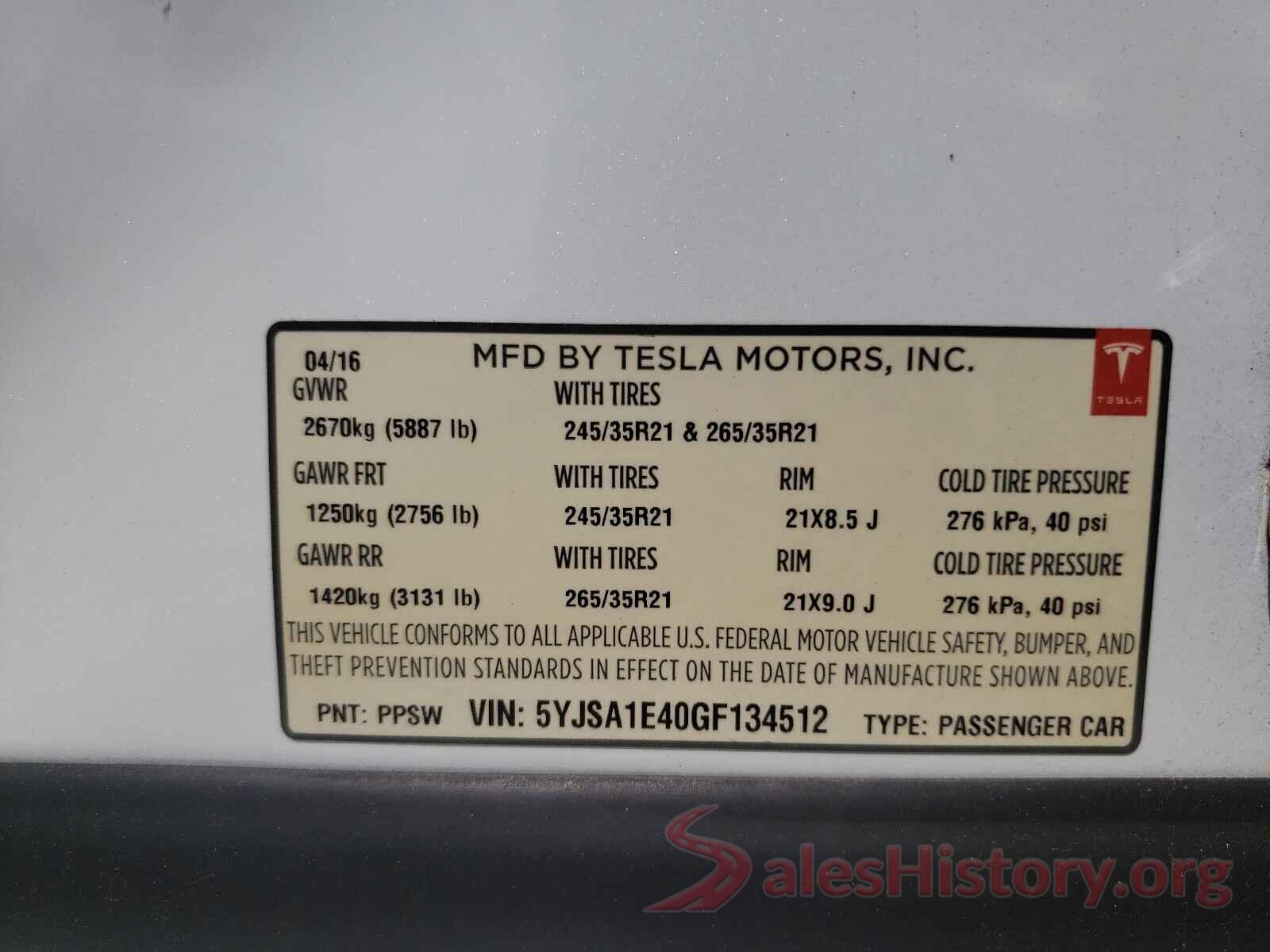 5YJSA1E40GF134512 2016 TESLA MODEL S