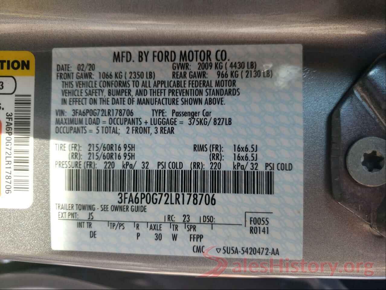 3FA6P0G72LR178706 2020 FORD FUSION