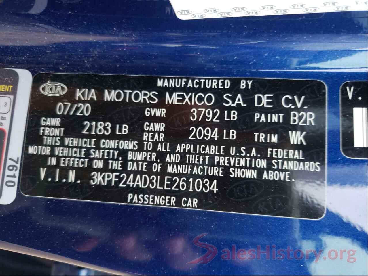 3KPF24AD3LE261034 2020 KIA FORTE