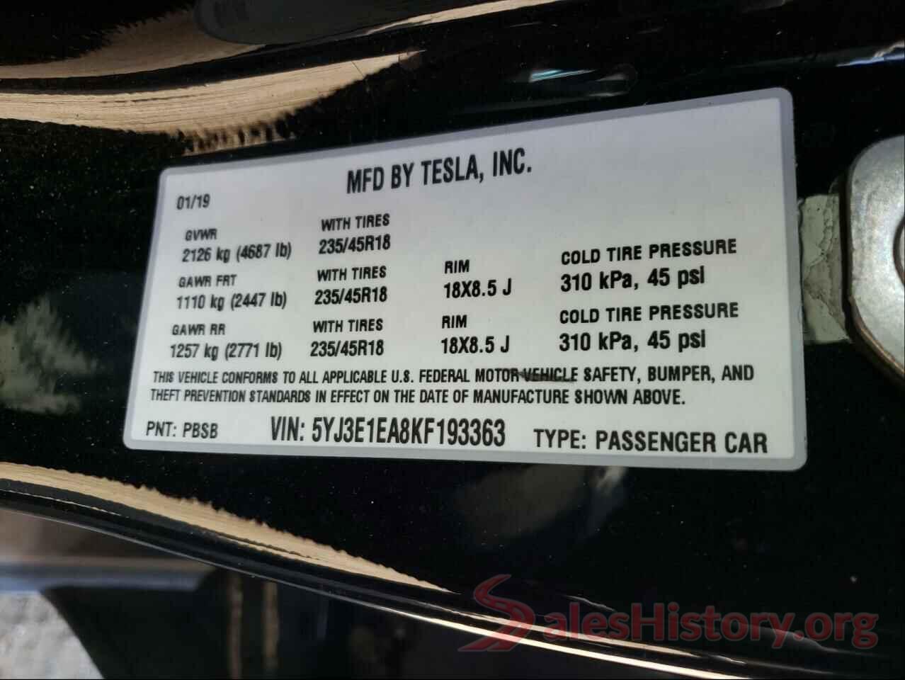 5YJ3E1EA8KF193363 2019 TESLA MODEL 3