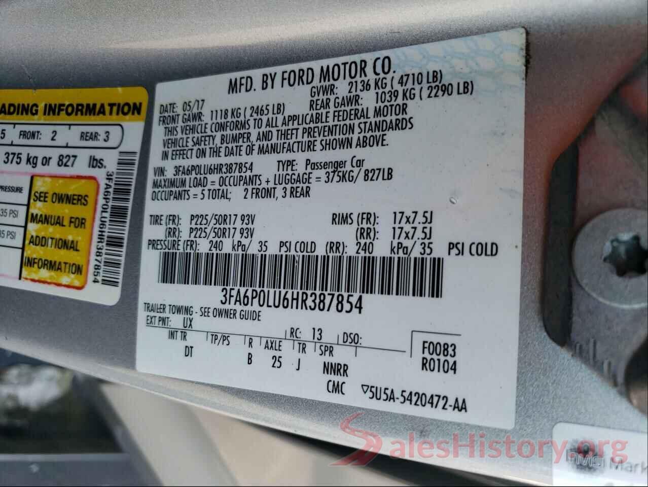 3FA6P0LU6HR387854 2017 FORD FUSION