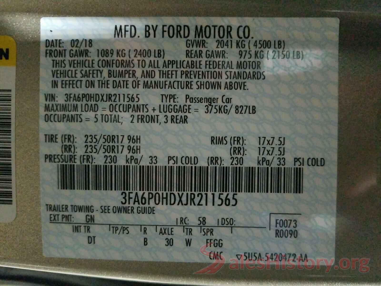 3FA6P0HDXJR211565 2018 FORD FUSION