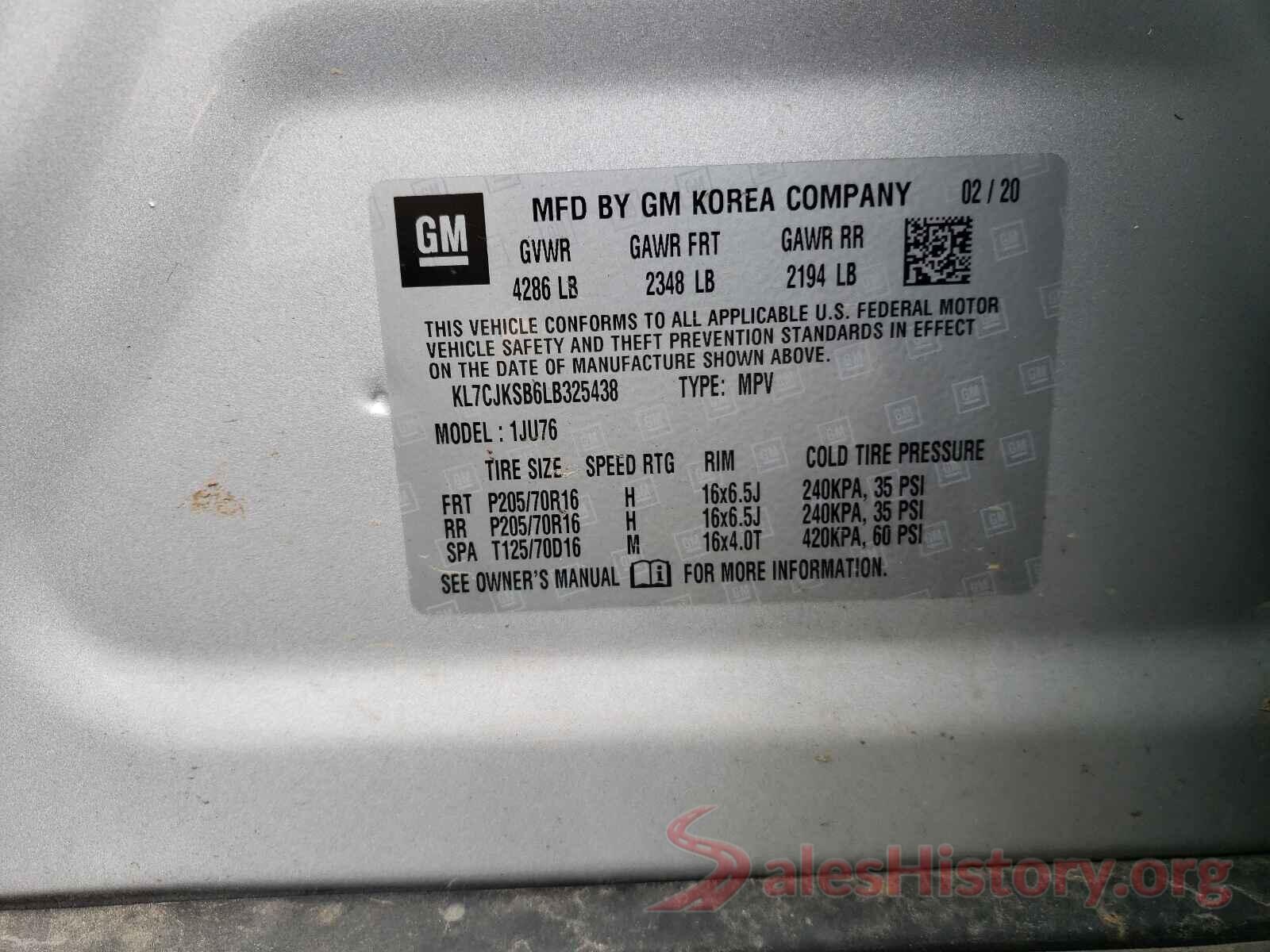 KL7CJKSB6LB325438 2020 CHEVROLET TRAX