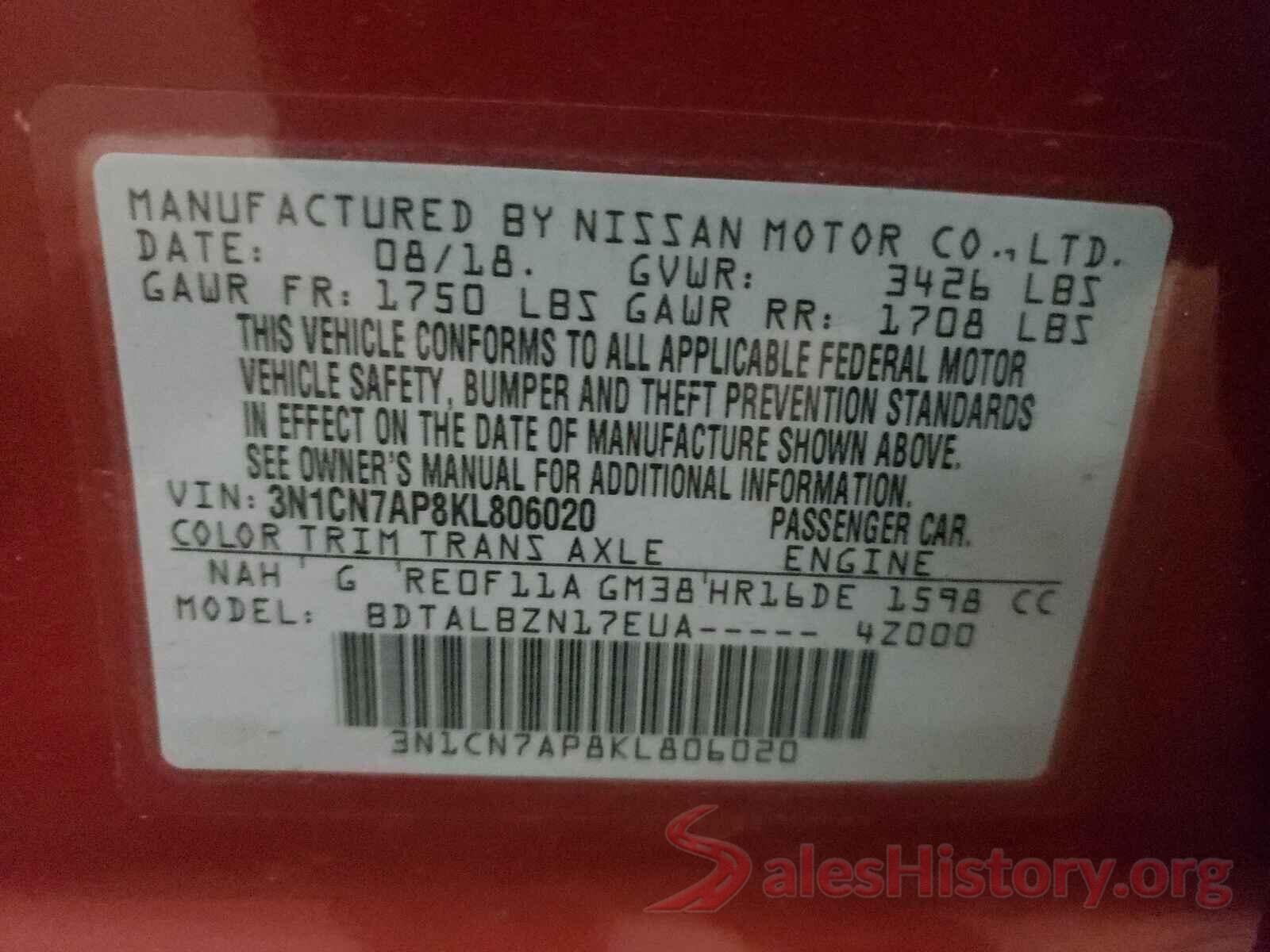 3N1CN7AP8KL806020 2019 NISSAN VERSA