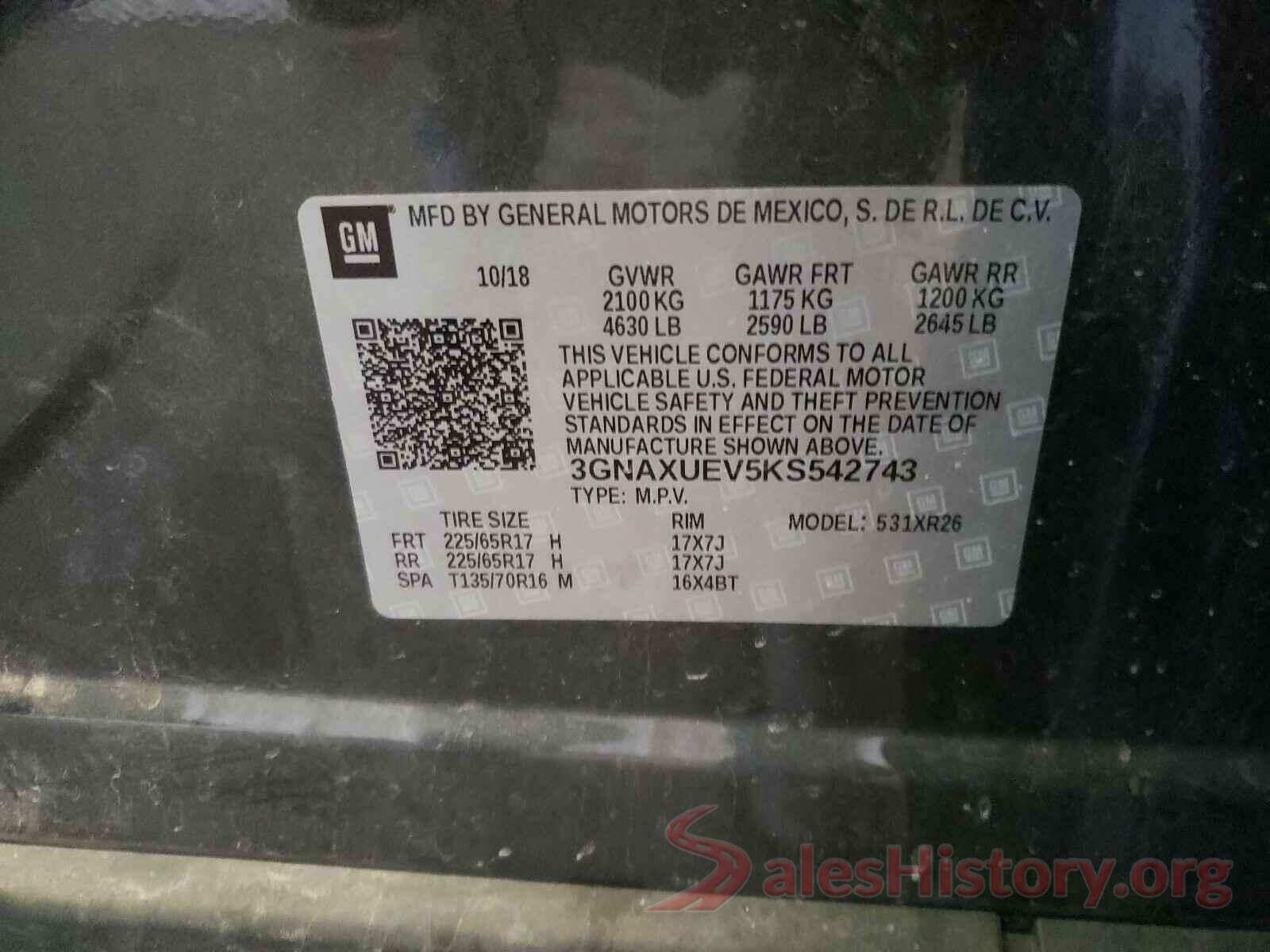 3GNAXUEV5KS542743 2019 CHEVROLET EQUINOX