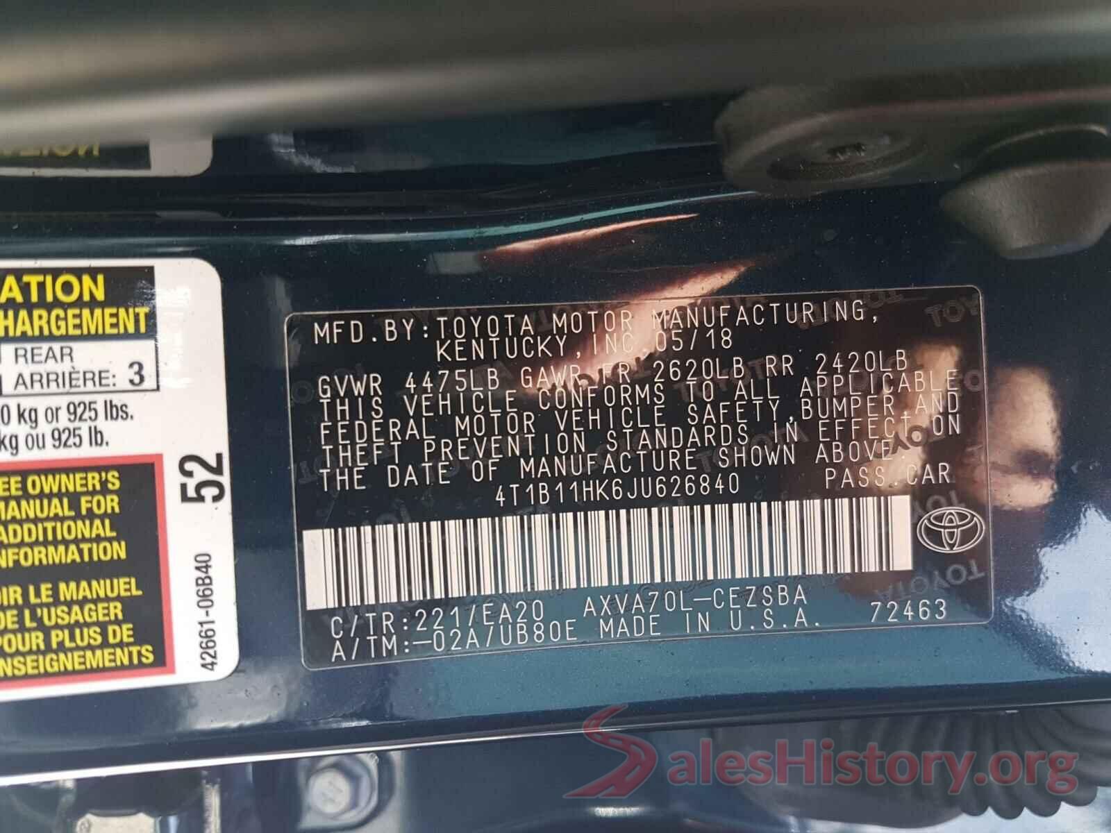 4T1B11HK6JU626840 2018 TOYOTA CAMRY