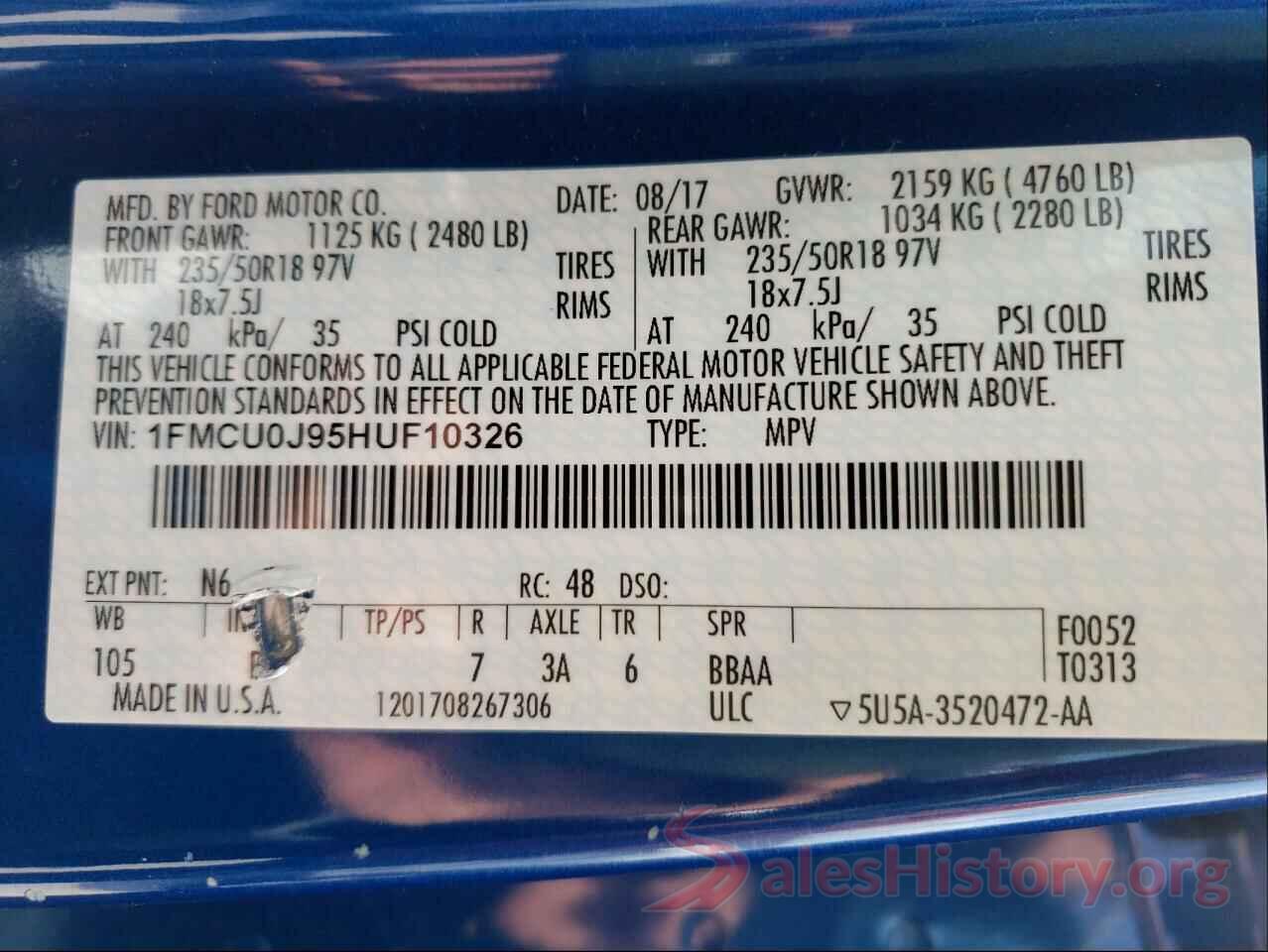 1FMCU0J95HUF10326 2017 FORD ESCAPE