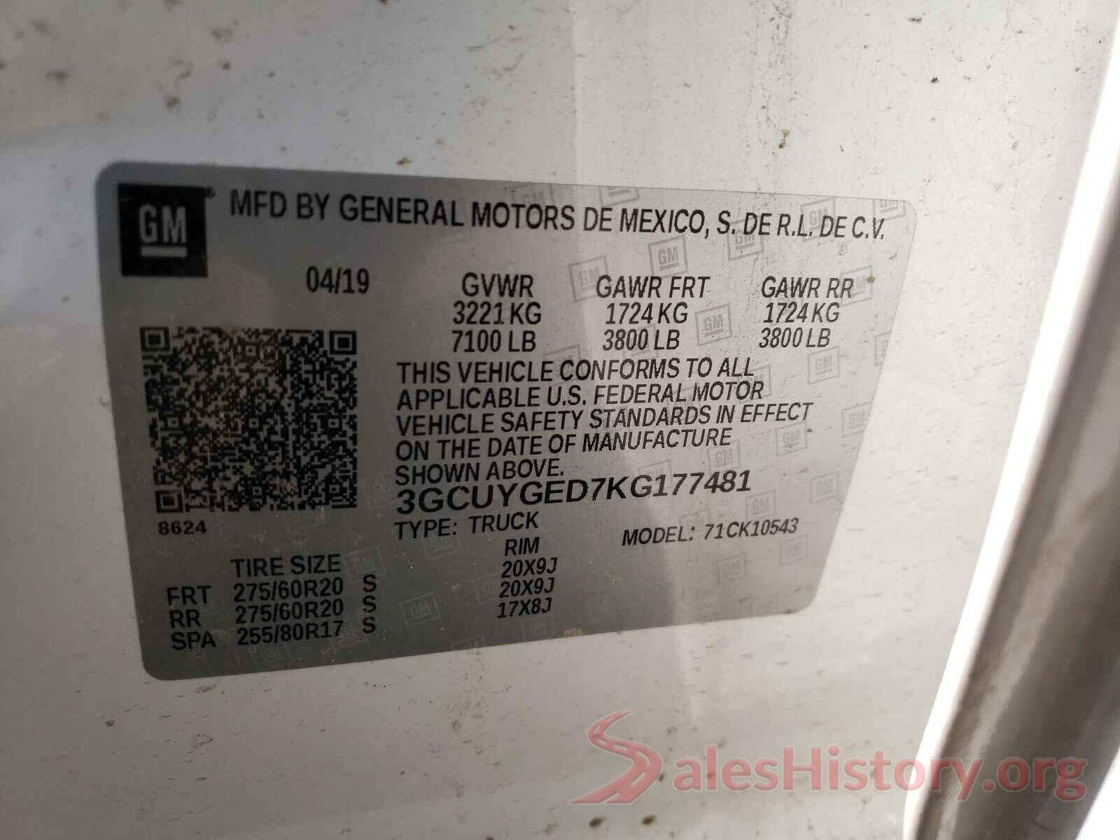 3GCUYGED7KG177481 2019 CHEVROLET SILVERADO