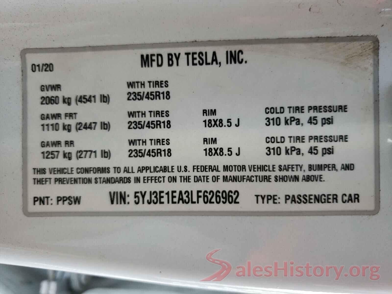 5YJ3E1EA3LF626962 2020 TESLA MODEL 3