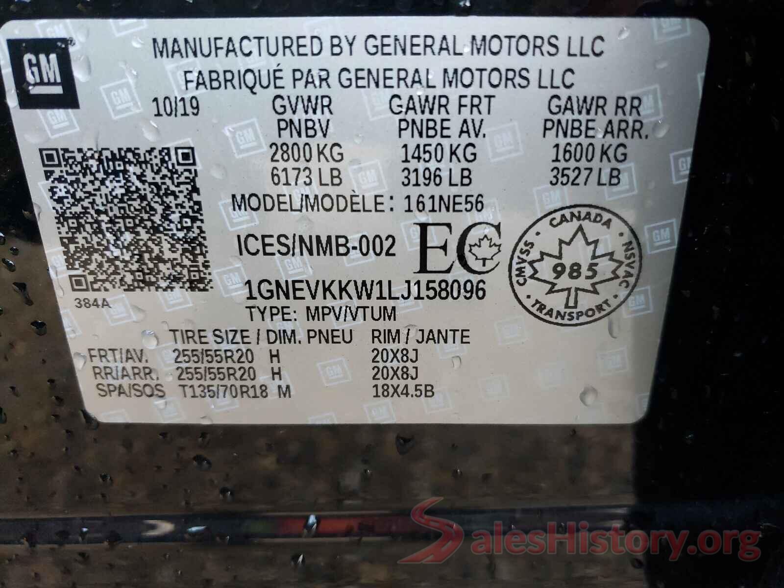 1GNEVKKW1LJ158096 2020 CHEVROLET TRAVERSE