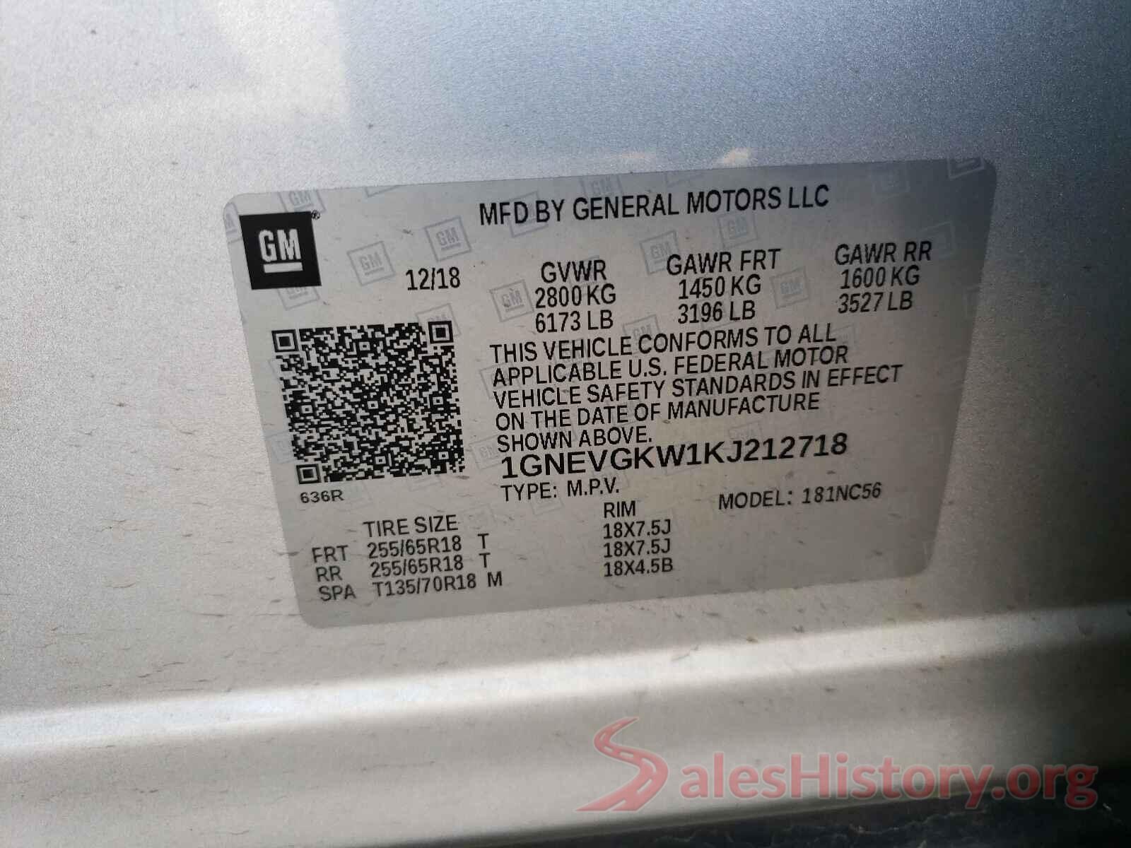 1GNEVGKW1KJ212718 2019 CHEVROLET TRAVERSE