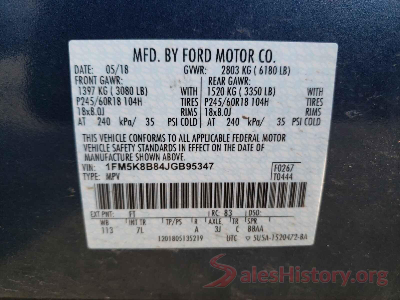 1FM5K8B84JGB95347 2018 FORD EXPLORER