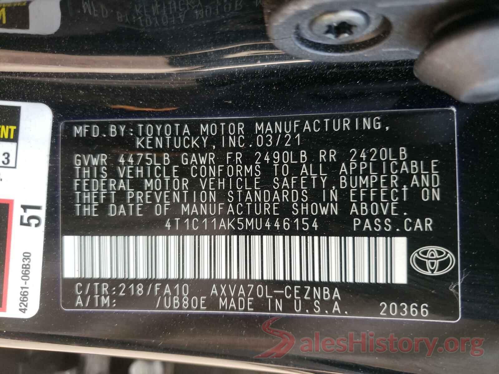 4T1C11AK5MU446154 2021 TOYOTA CAMRY