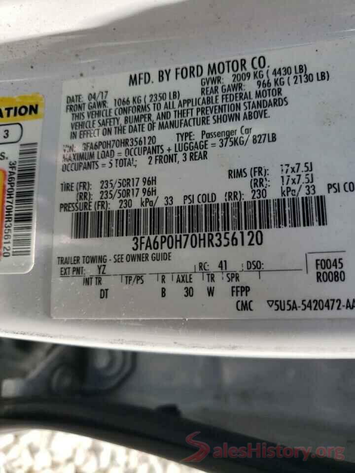 3FA6P0H70HR356120 2017 FORD FUSION