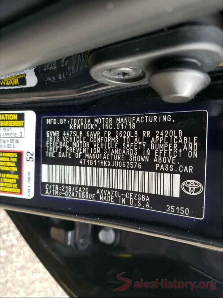 4T1B11HKXJU062576 2018 TOYOTA CAMRY