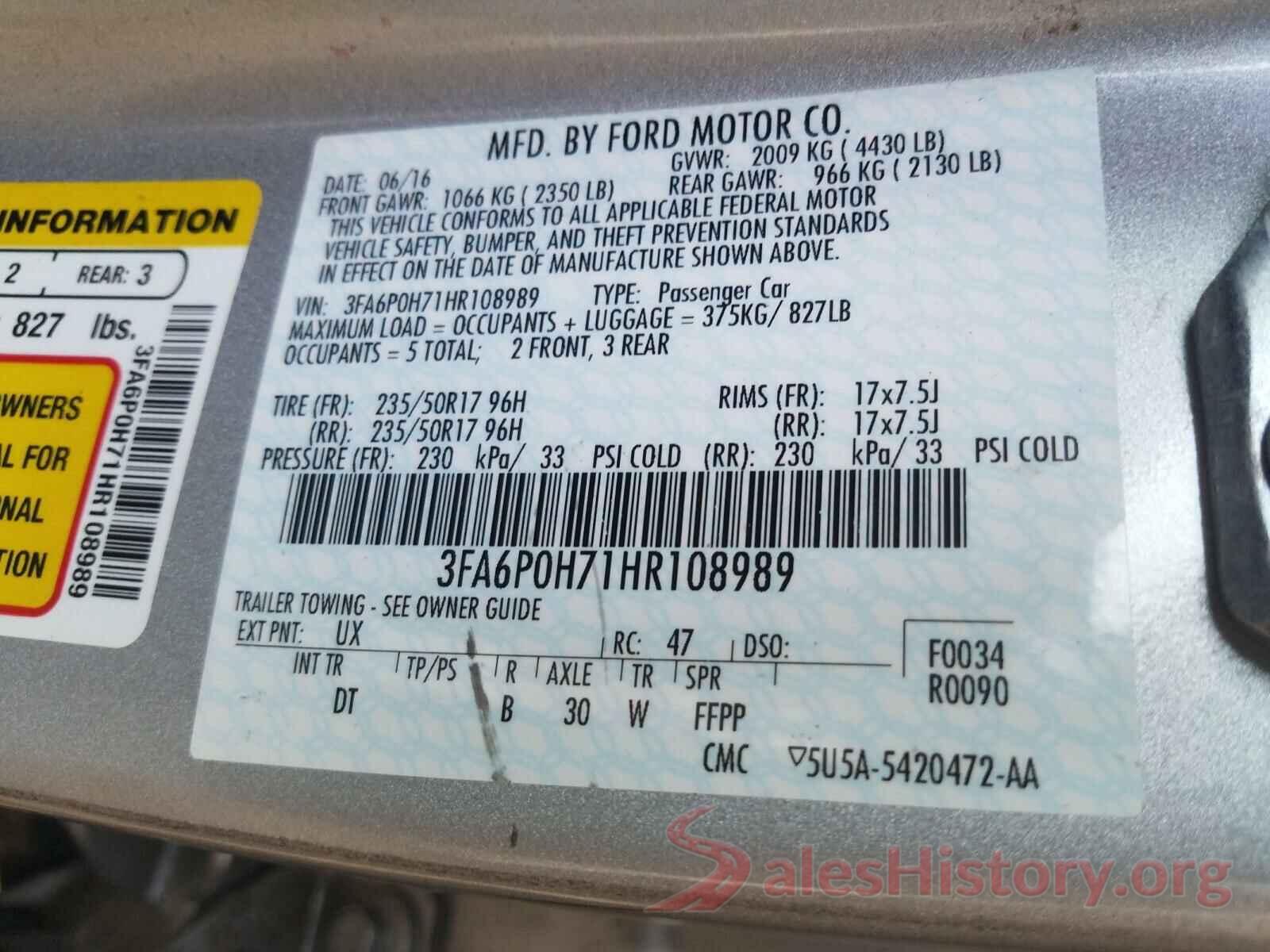 3FA6P0H71HR108989 2017 FORD FUSION