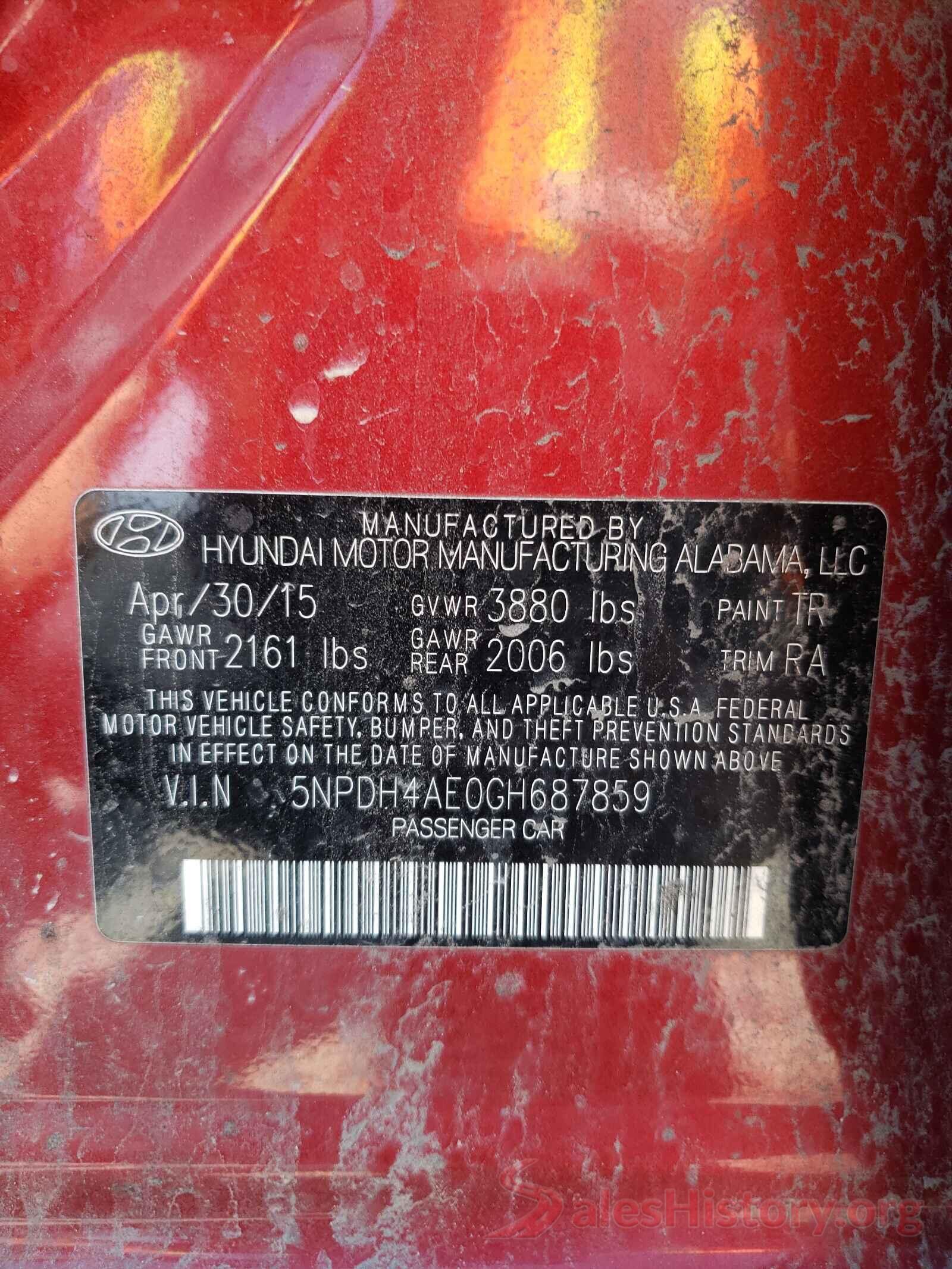 5NPDH4AE0GH687859 2016 HYUNDAI ELANTRA