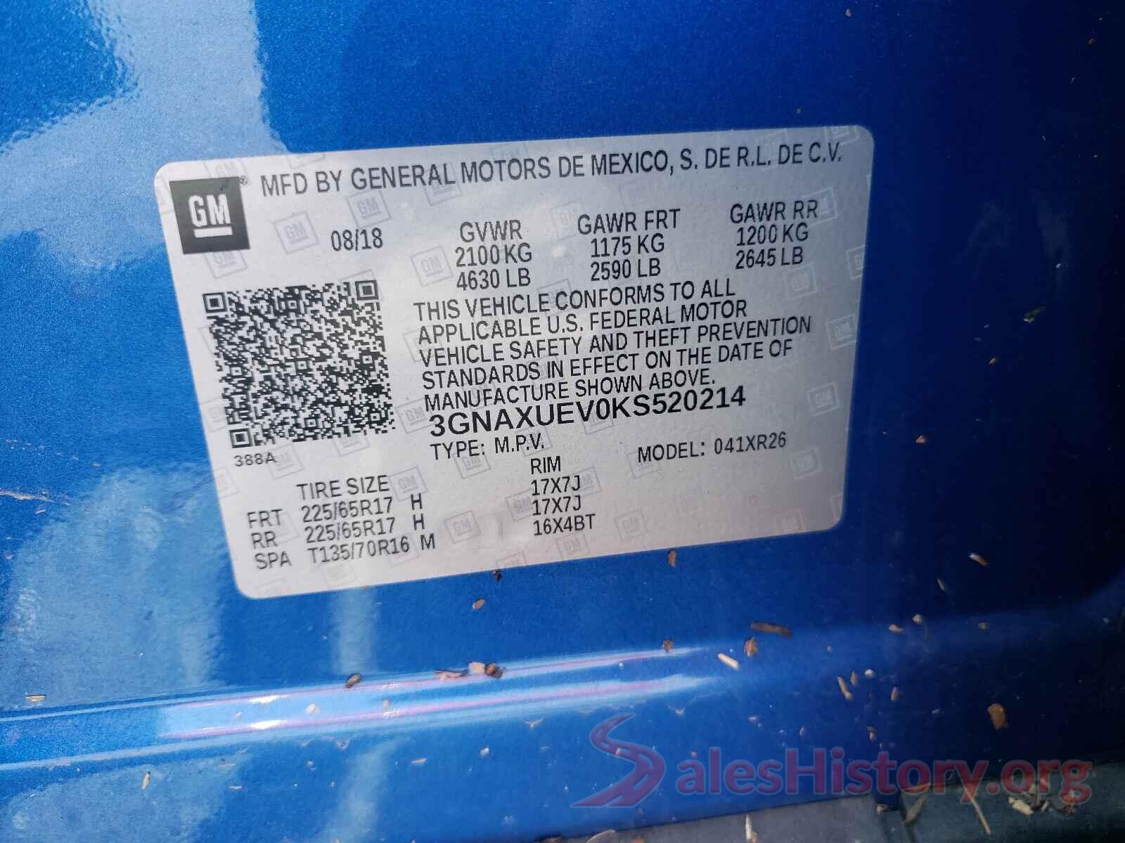 3GNAXUEV0KS520214 2019 CHEVROLET EQUINOX