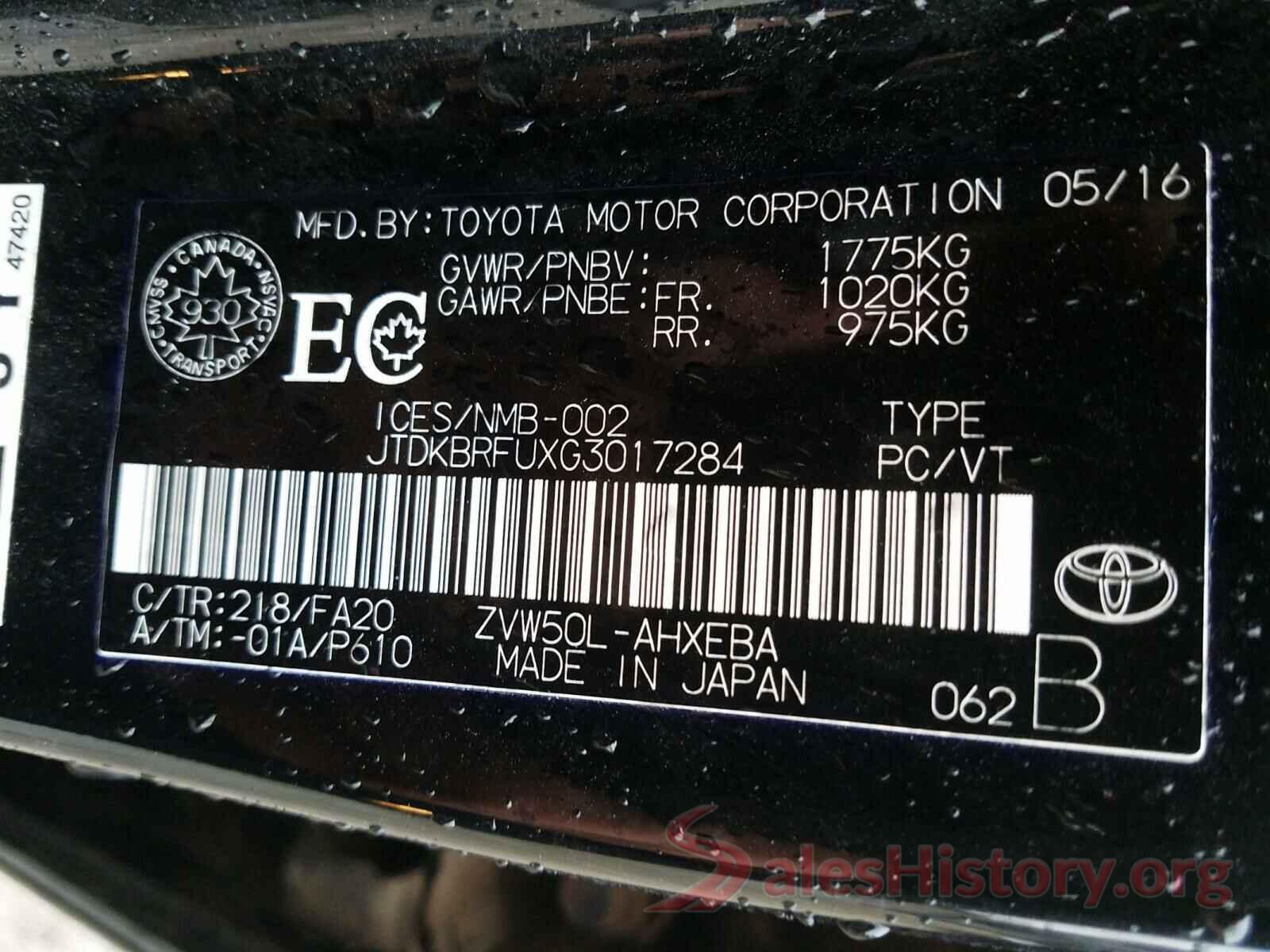 JTDKBRFUXG3017284 2016 TOYOTA PRIUS