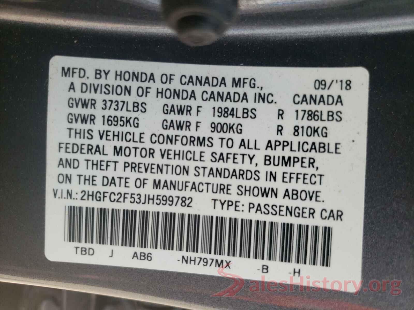 2HGFC2F53JH599782 2018 HONDA CIVIC