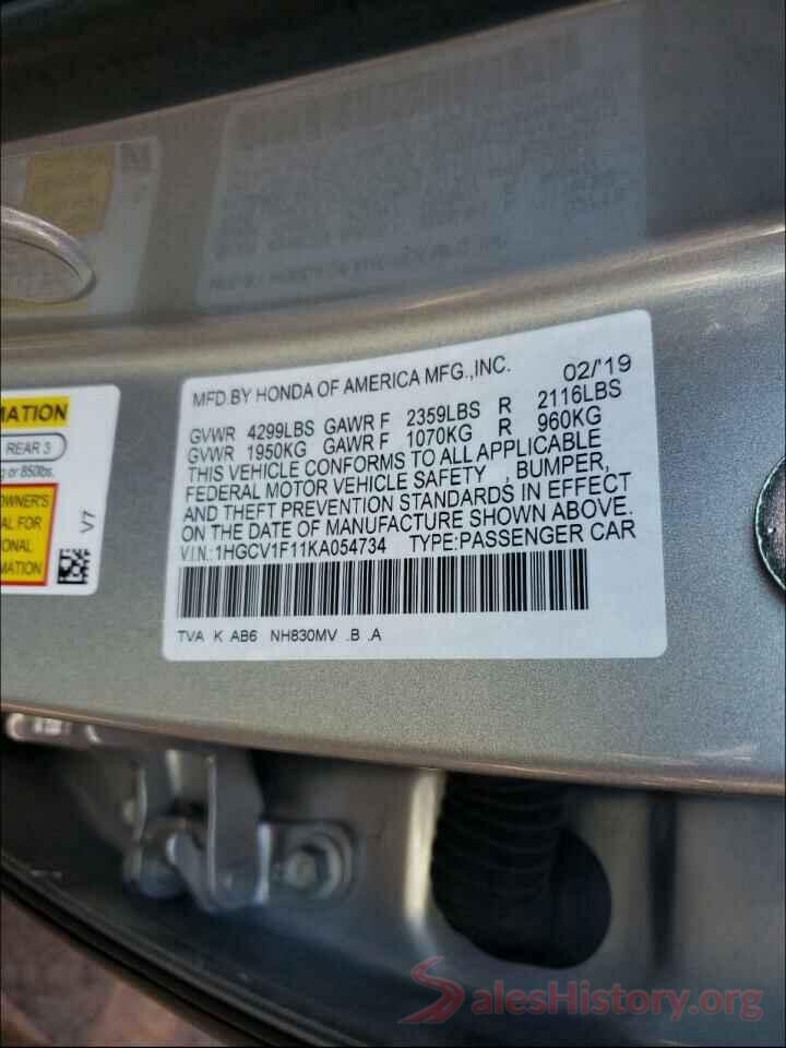 1HGCV1F11KA054734 2019 HONDA ACCORD