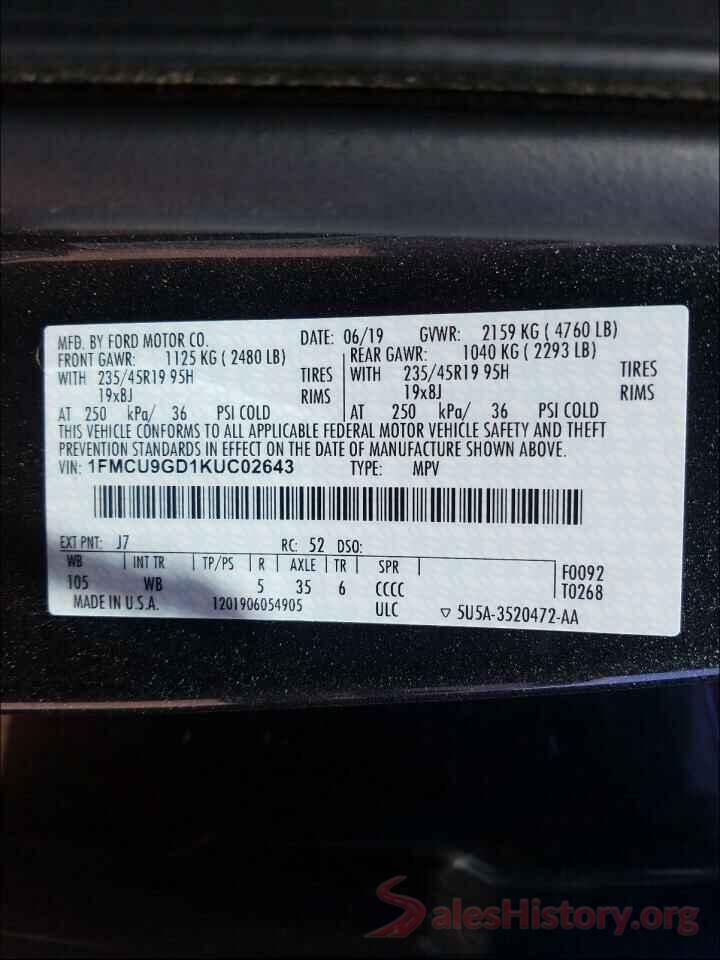 1FMCU9GD1KUC02643 2019 FORD ESCAPE