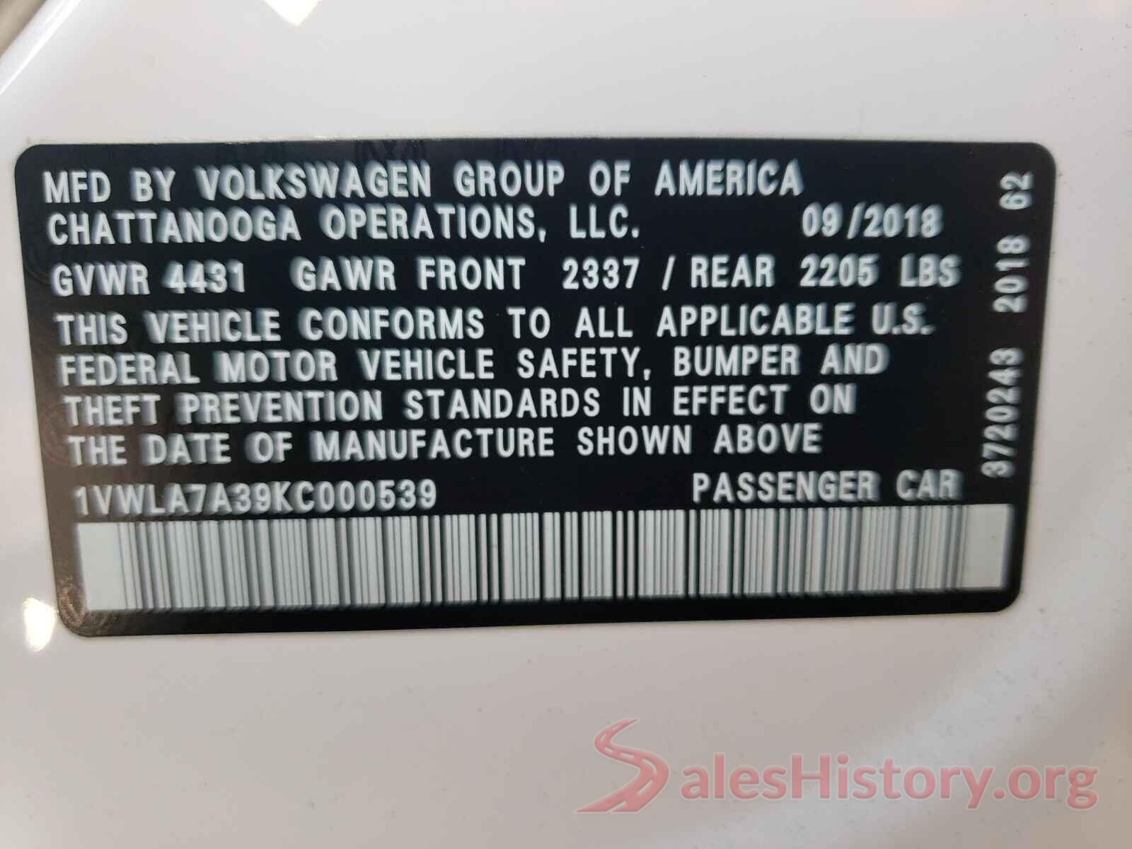 1VWLA7A39KC000539 2019 VOLKSWAGEN PASSAT