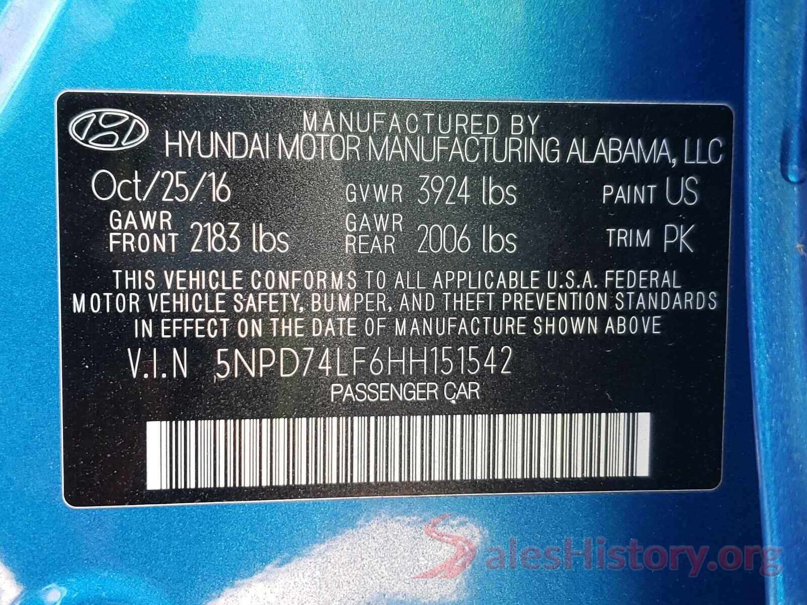 5NPD74LF6HH151542 2017 HYUNDAI ELANTRA