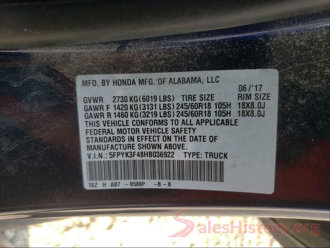 5FPYK3F48HB036922 2017 HONDA RIDGELINE